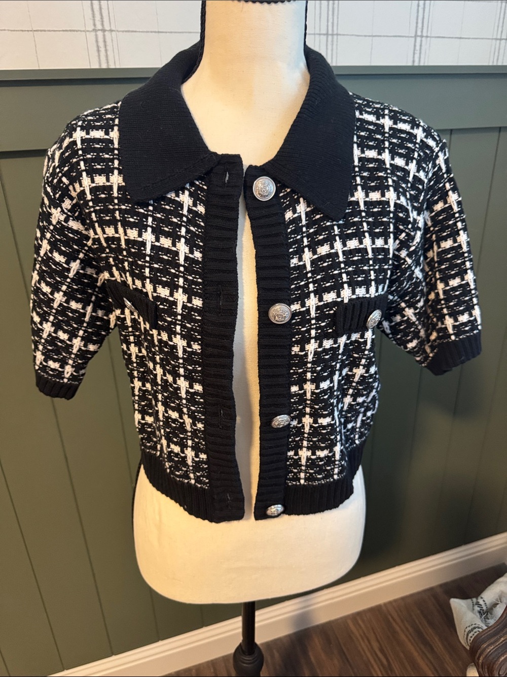 H&M Black and White Tweed Short-Sleeve Cardigan